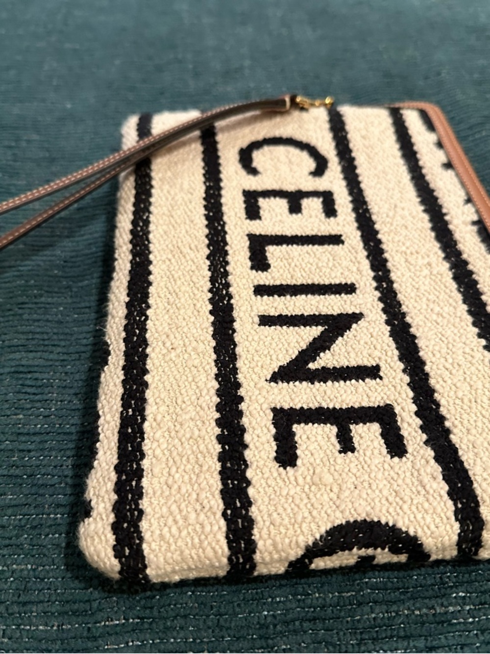 Celine Black and Cream Striped Canvas Wristlet with Tan Trim - Picture 10 of 17